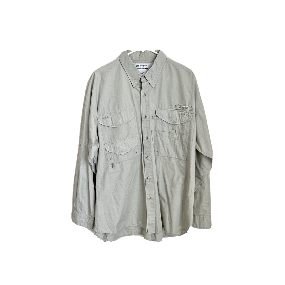 Columbia Mens Large PFG Fishing Shirt Beige Utility Button Down